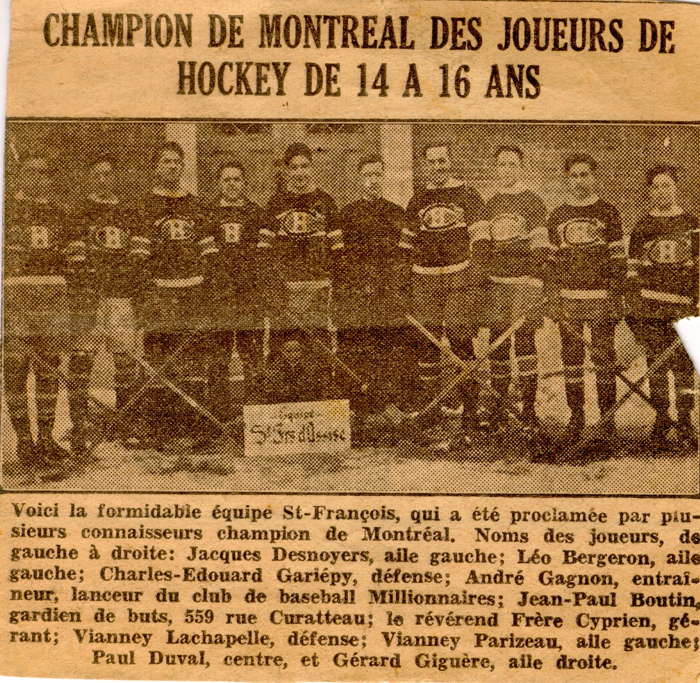Équipe de hockey St-François d'Assise championne de Montréal des 14-16 ans